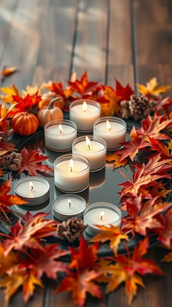 A centerpiece featuring floating candles surrounded by autumn leaves, pumpkins, and pinecones.