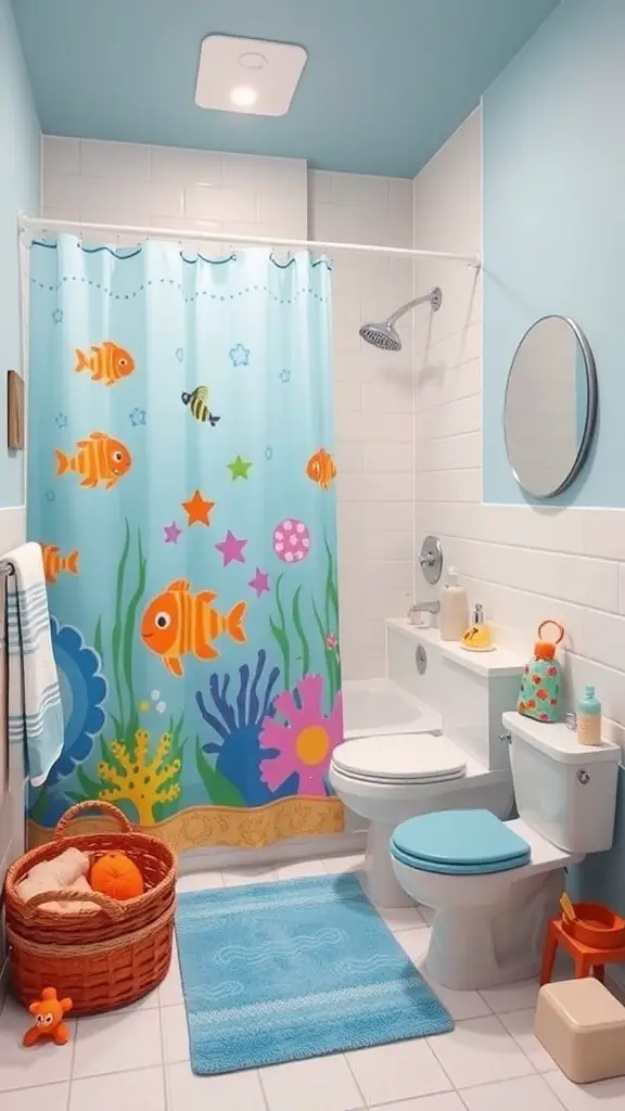 27+ Whimsical Kids Bathroom Ideas for a Fun and Functional Space 5 A colorful kids bathroom with a fish-themed shower curtain, blue walls, and playful decor.