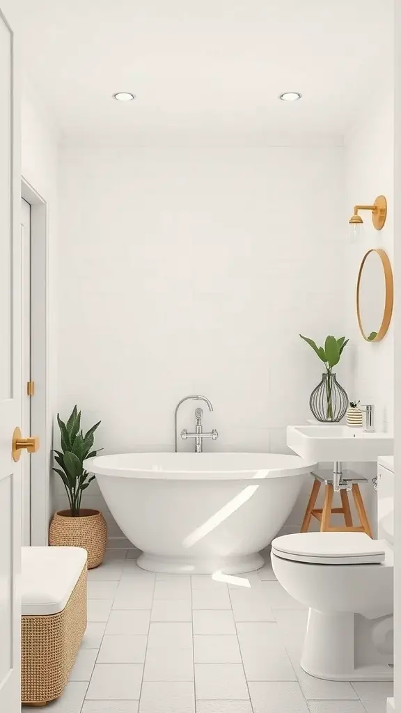 A minimalist mid-century modern bathroom featuring a round bathtub, white walls, and natural elements.