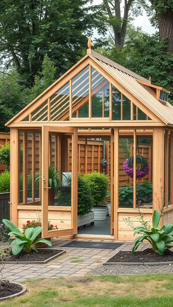 29+ Creative DIY Greenhouse Ideas for Your Garden 4 A beautiful A-frame greenhouse made of wood and glass, surrounded by greenery and flowers.