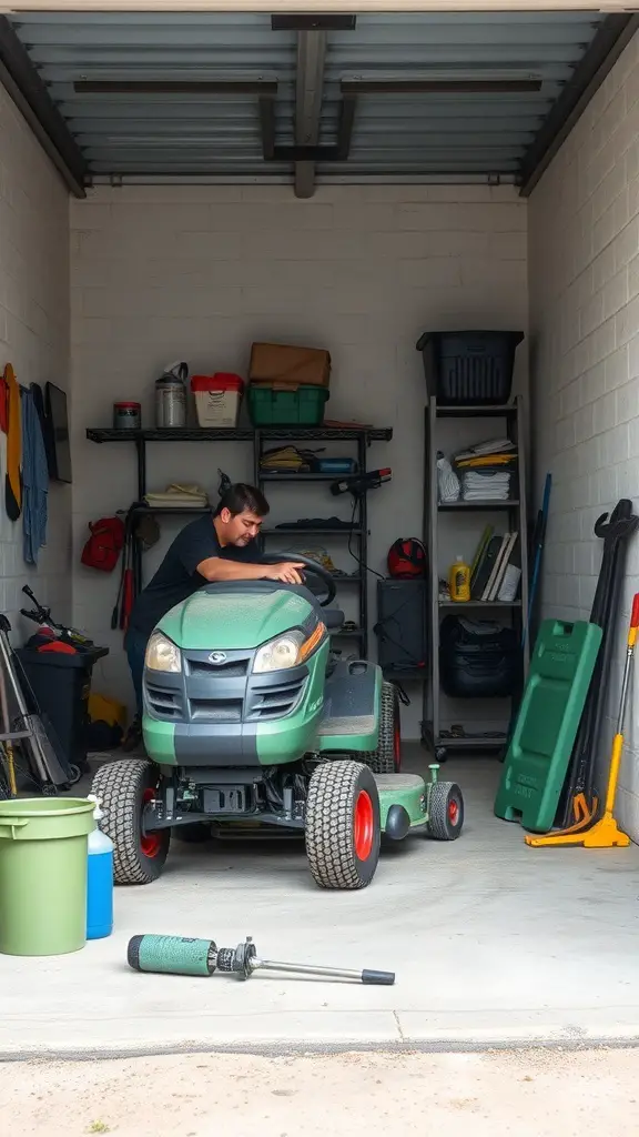 A person working on a lawn mower in a well-organized storage space filled with lawn equipment.