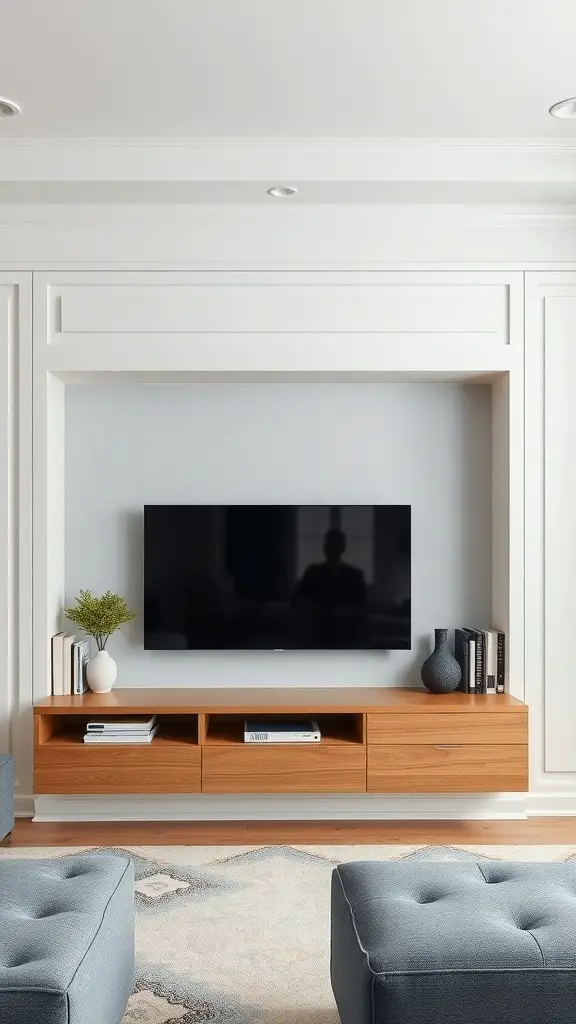 A modern living room with a built-in entertainment unit featuring a wall-mounted TV and wooden storage below.