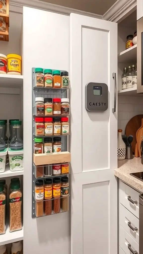 A magnetic spice rack attached to a pantry door, displaying various spice jars in clear containers.