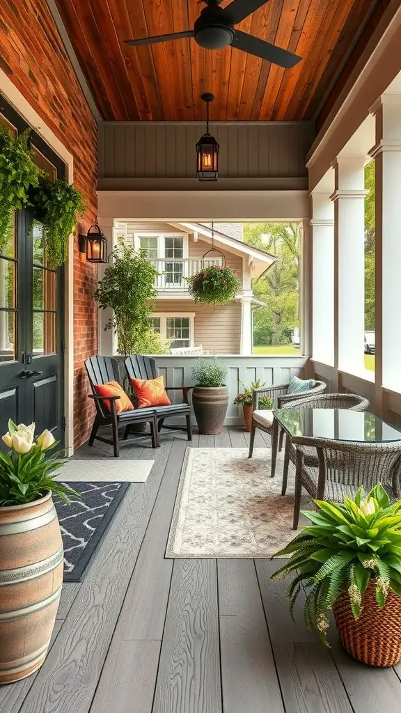 23+ Inspiring Three Season Porch Ideas to Transform Your Space 16 A cozy three-season porch featuring gray flooring, wooden ceiling, and plants, creating a welcoming outdoor-inspired space.