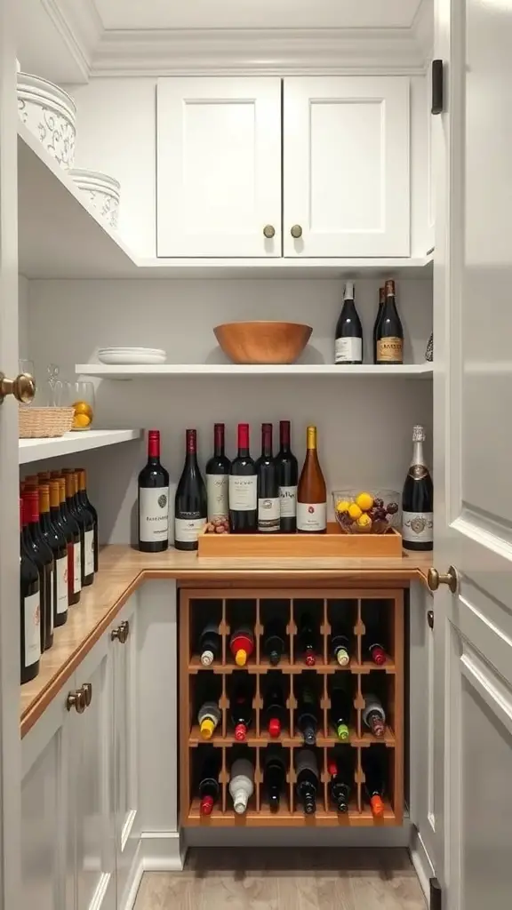 Compact wine storage in a small pantry with shelves and a wooden wine rack.