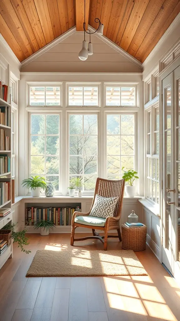 27+ Enclosed Sunroom Ideas to Brighten Your Home 8 Cozy reading nook in a sunroom with large windows, a comfortable chair, and bookshelves.