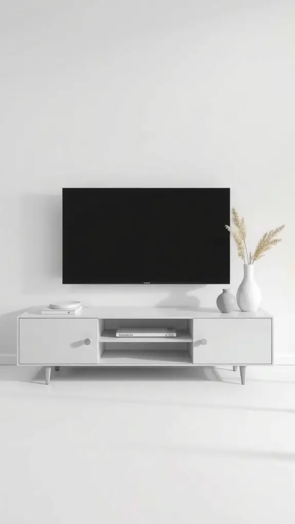 A minimalist TV console with a wall-mounted TV and simple decor.