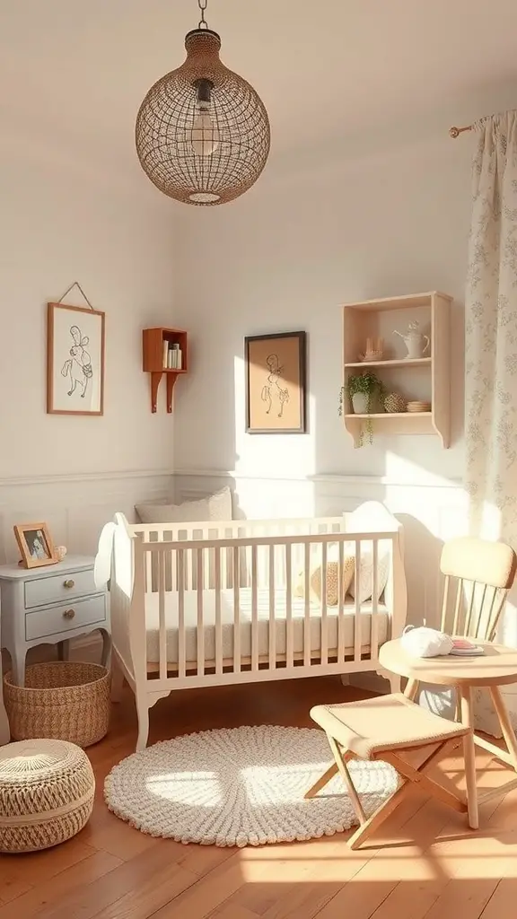 27+ Adorable Neutral Baby Room Ideas to Inspire Your Nursery Design 5 A cozy neutral baby room with vintage touches, featuring a crib, wooden chair, and woven baskets.