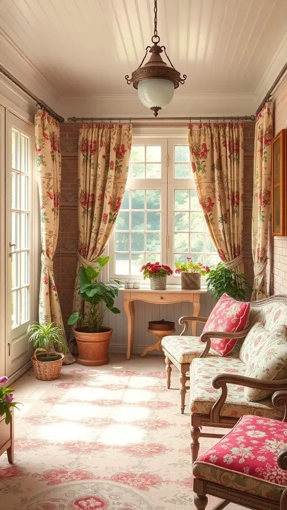 29+ Charming Vintage Sunroom Ideas for a Timeless Retreat 13 A vintage sunroom with floral curtains, patterned cushions, and a cozy seating area.