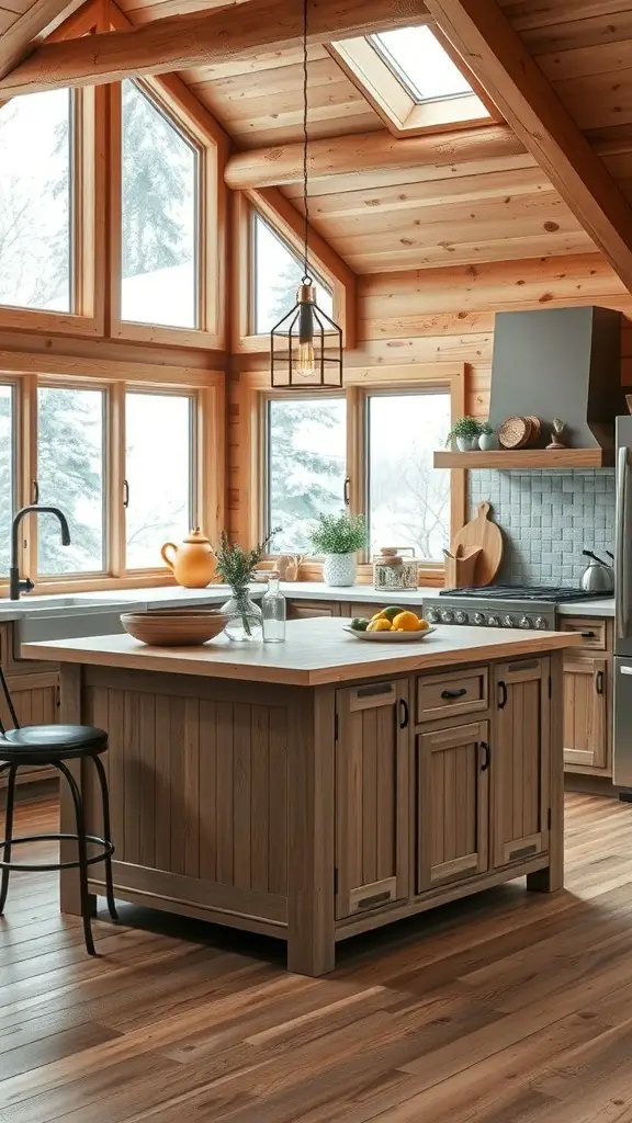 A cozy winter cabin kitchen featuring a wooden island with stools, large windows, and warm lighting.