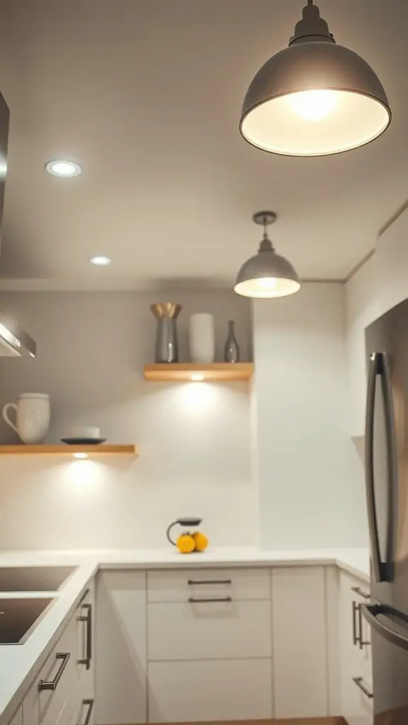 A modern kitchen featuring pendant and recessed LED lights.