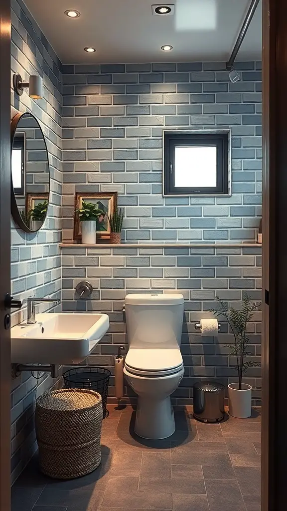 A small bathroom with gray brick walls, a compact sink, and decorative plants.