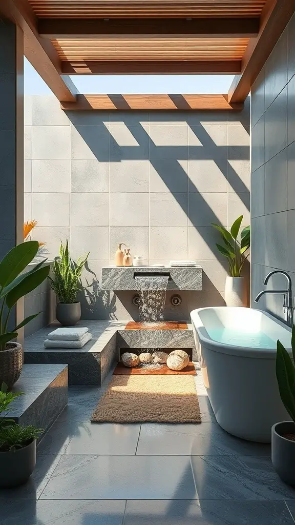 A semi-outdoor bathroom featuring a water feature, plants, and a bathtub.