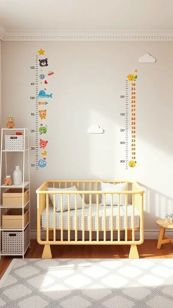 Colorful growth charts with animal designs on nursery wall next to a crib.