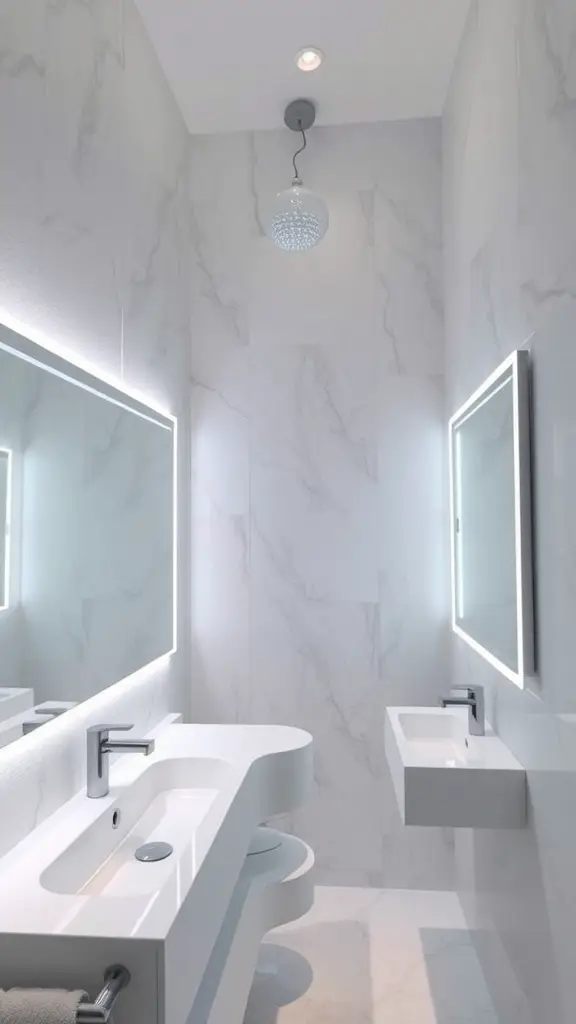 A modern bathroom featuring LED strip lights around mirrors and sleek fixtures.
