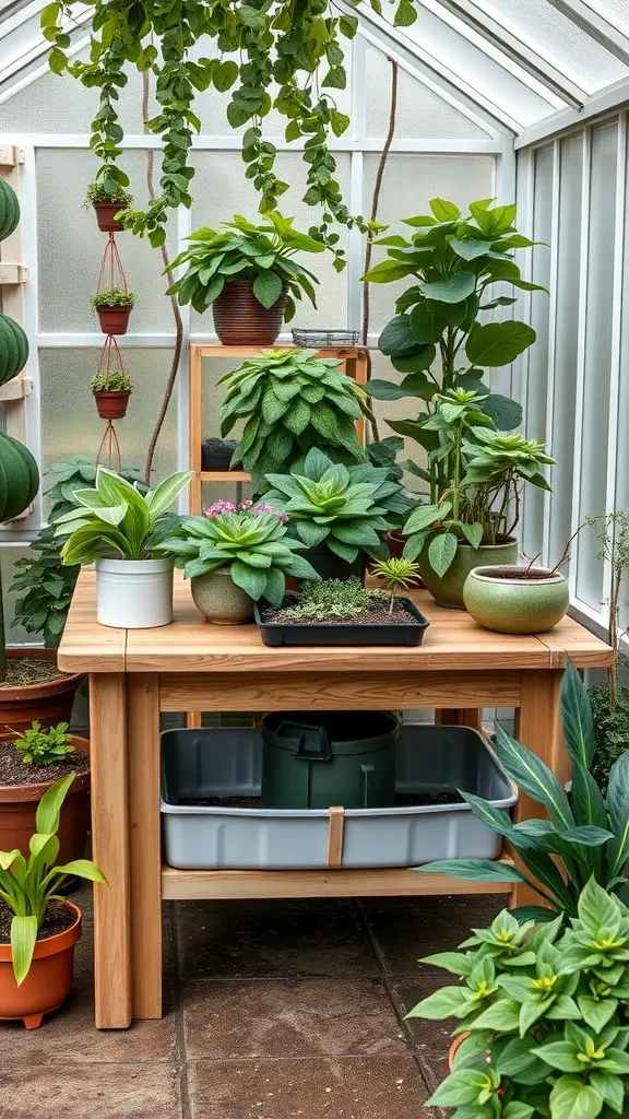 29+ Creative DIY Greenhouse Table Ideas for Your Garden 13 A greenhouse table with various plants and a compost bin underneath.