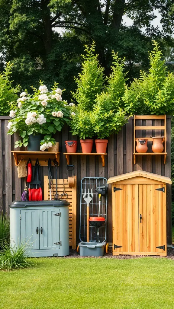 Organized lawn equipment storage area with plants and tools.