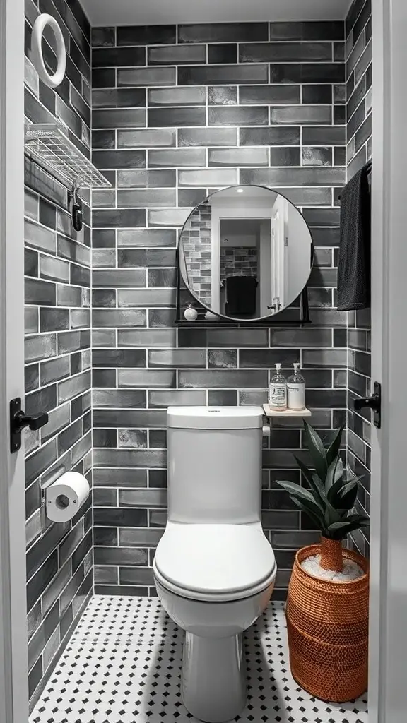 25+ Stunning Black and White Bathroom Ideas You’ll Love 8 A small black and white bathroom featuring sleek tiles, a round mirror, and a potted plant.