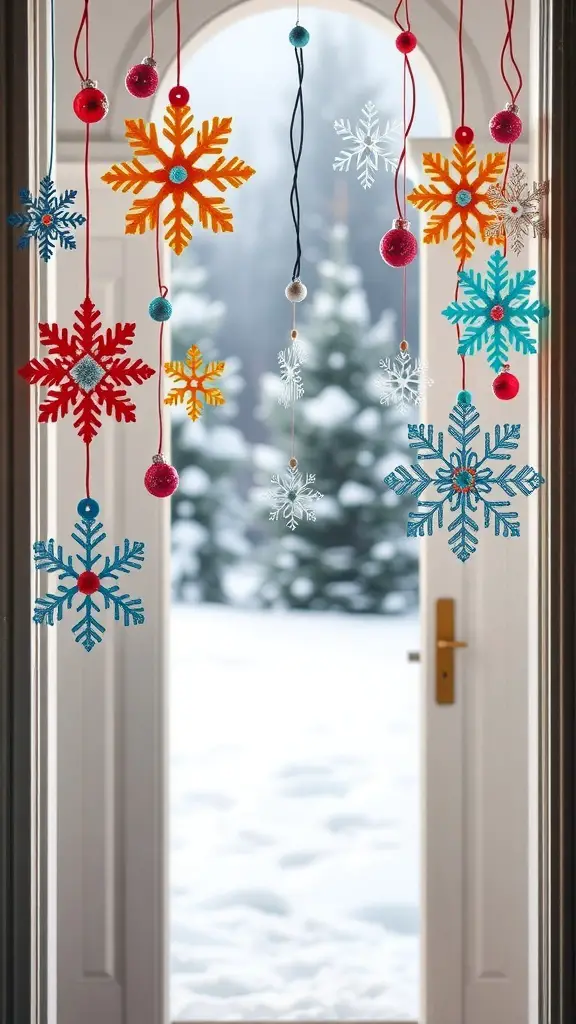 25+ Unique Winter Door Decorations to Brighten Your Home 15 Colorful handmade felt snowflakes hanging by a door, with a snowy landscape visible outside.