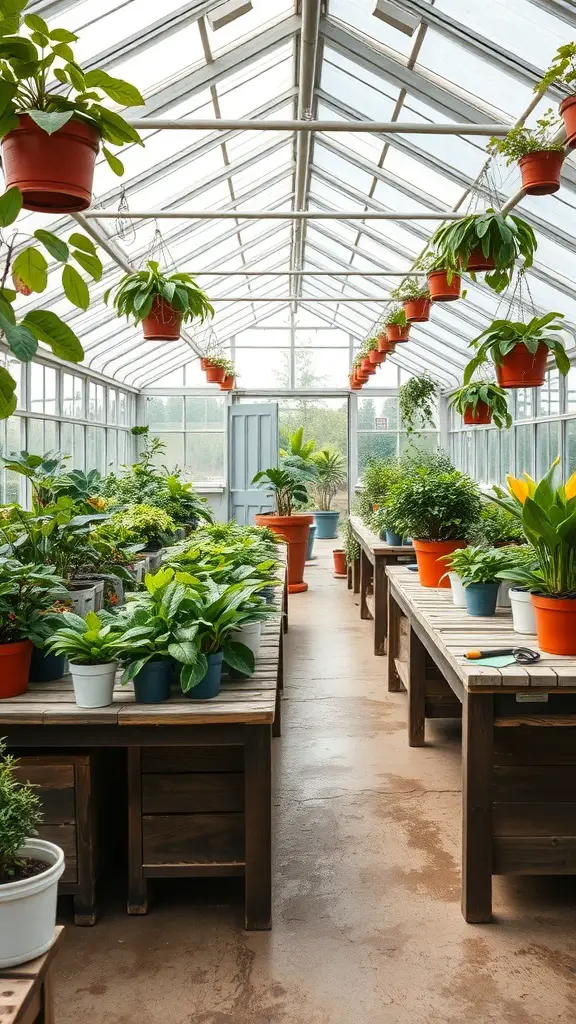 Interior of a greenhouse filled with various plants and wooden tables for workshops.
