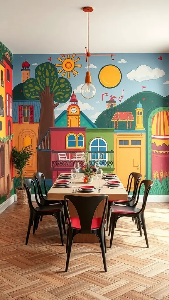 Colorful mural depicting buildings, trees, and a sunny sky in a dining room.