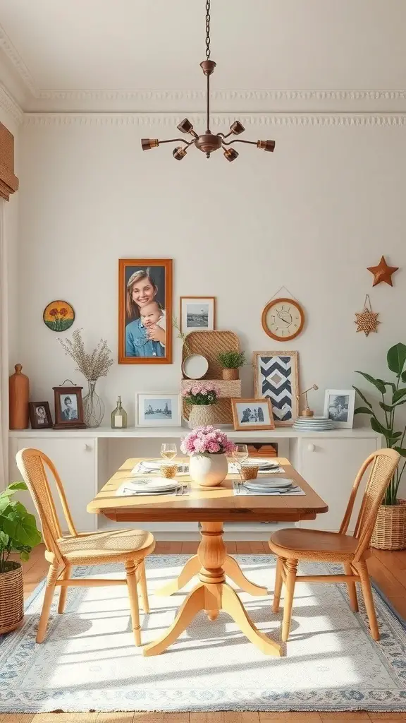 A cozy dining room featuring a wooden table, chairs, framed photos on the wall, a chandelier, and plants.