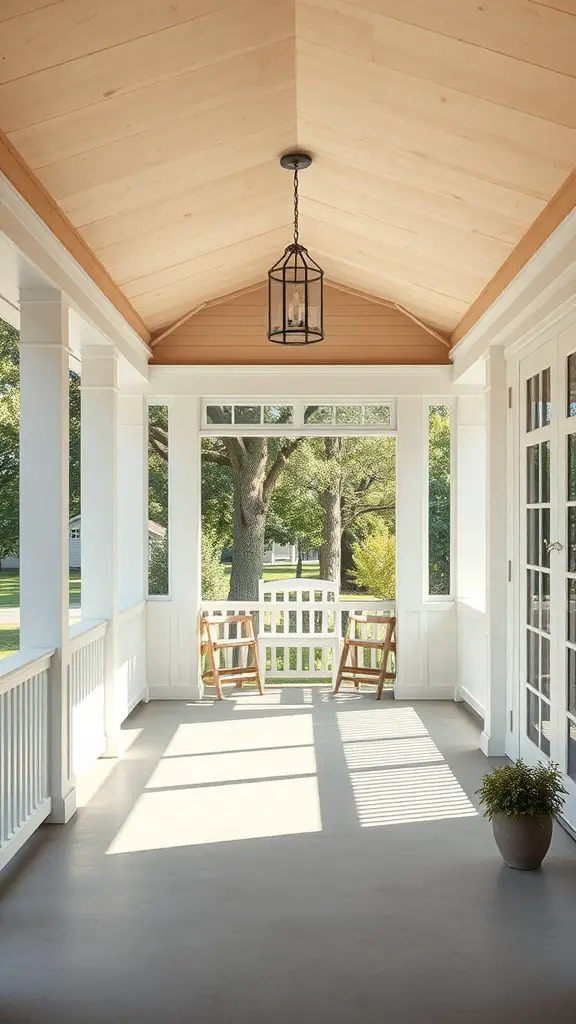 23+ Inspiring Three Season Porch Ideas to Transform Your Space 13 A minimalist three-season porch with wooden ceiling, large windows, and simple furniture.