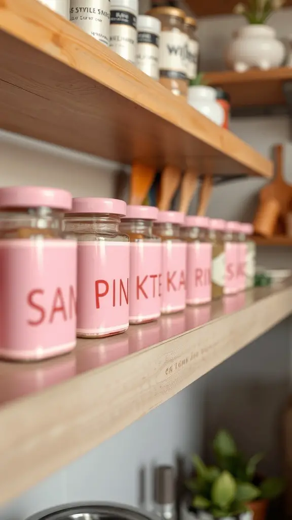 A row of pink spice jars with labels on a wooden shelf in a kitchen.