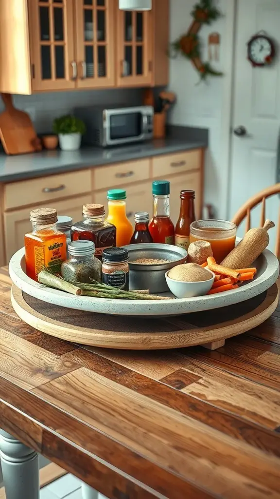 15 Must-Have Kitchen Gadgets for Ultimate Organization 12 A Lazy Susan filled with various condiments on a wooden table in a kitchen.