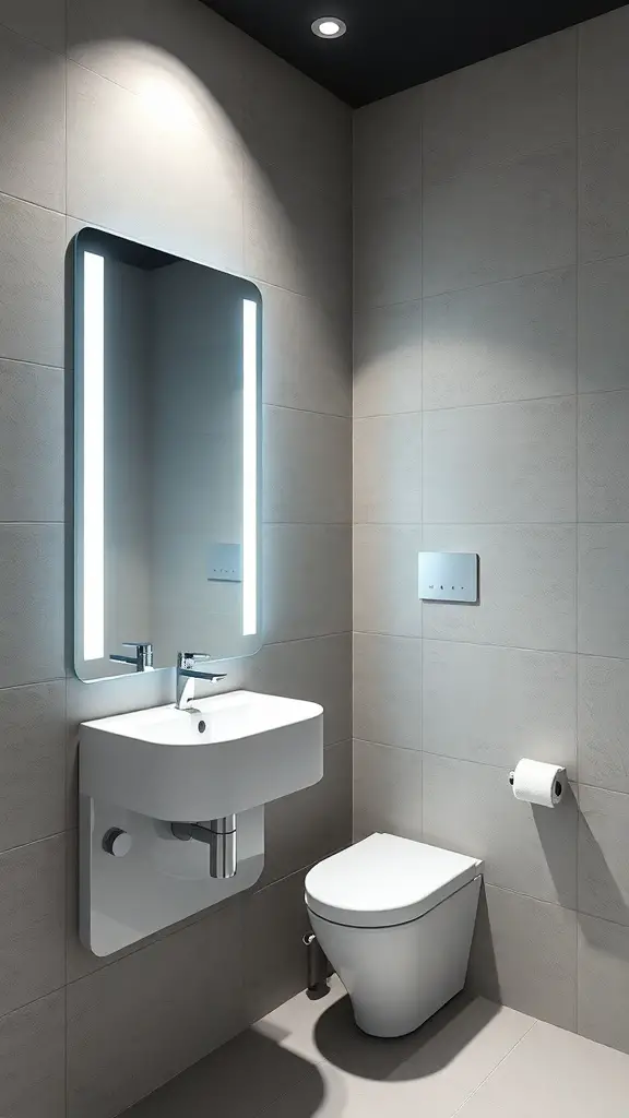 Modern bathroom with smart technology features including an illuminated mirror and touchless faucet.