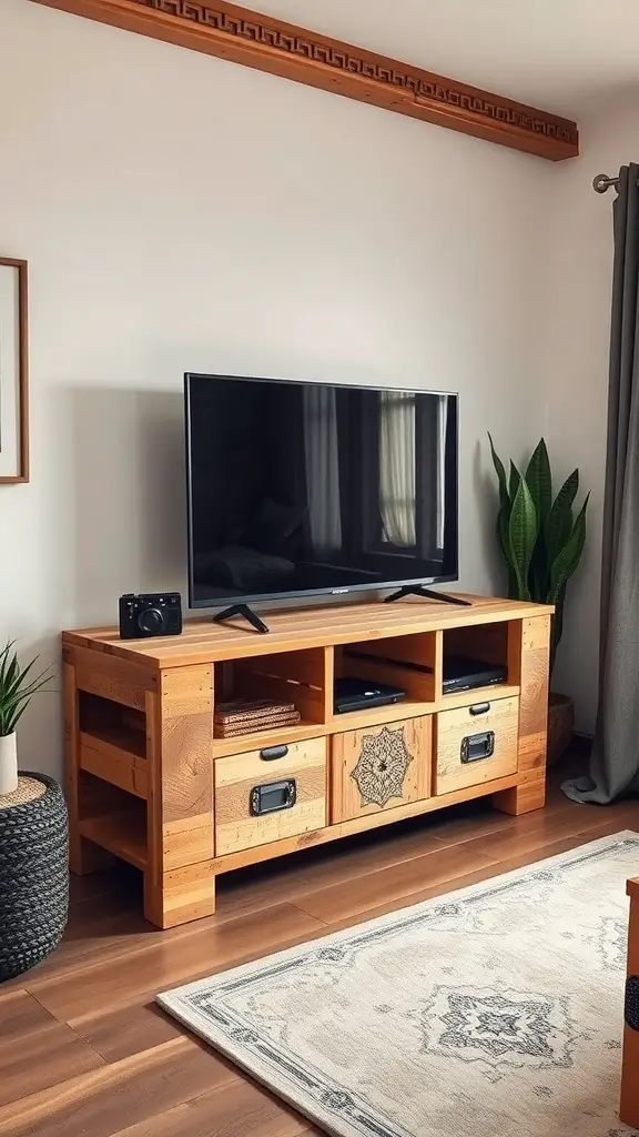 A wooden TV stand with open shelves and drawers, featuring a TV on top and plants in the background.