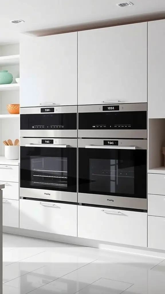 29+ Stunning Double Oven Kitchen Layout Ideas 10 Modern kitchen featuring integrated double ovens with sleek design and open shelving.