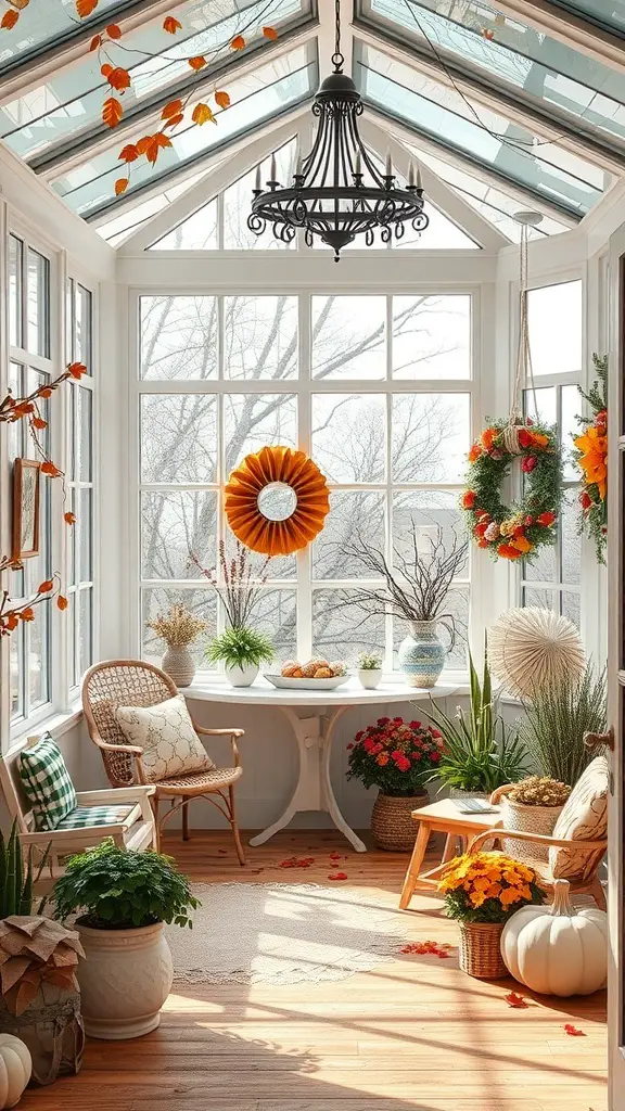 A beautifully decorated sunroom with autumn decor, featuring a chandelier, potted plants, and colorful wreaths.