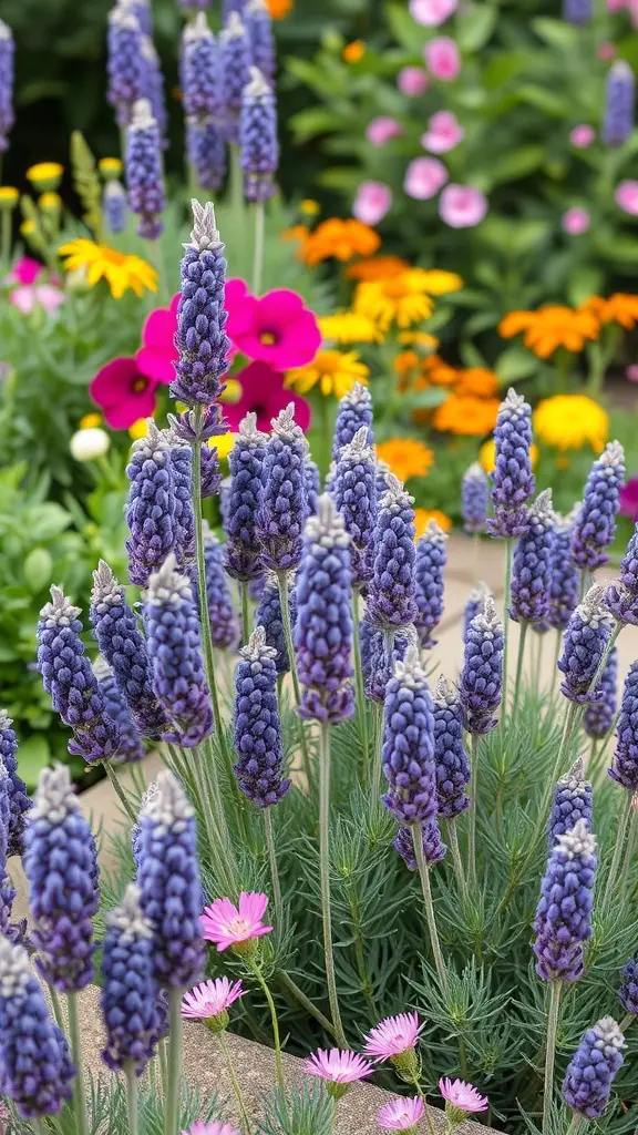 27+ Stunning Lavender Flower Varieties for Your Dream Garden 9 Lavender flowers in a garden with colorful companion plants