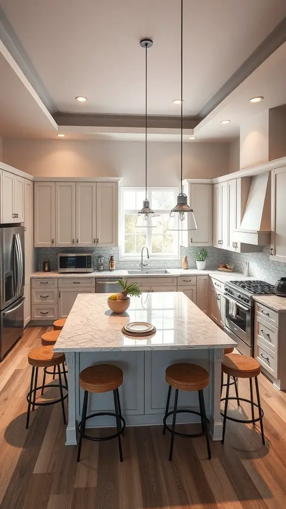 23+ Stunning U-Shaped Kitchen Layout Ideas 8 A modern U-shaped kitchen featuring a central island with bar stools and stylish pendant lighting.