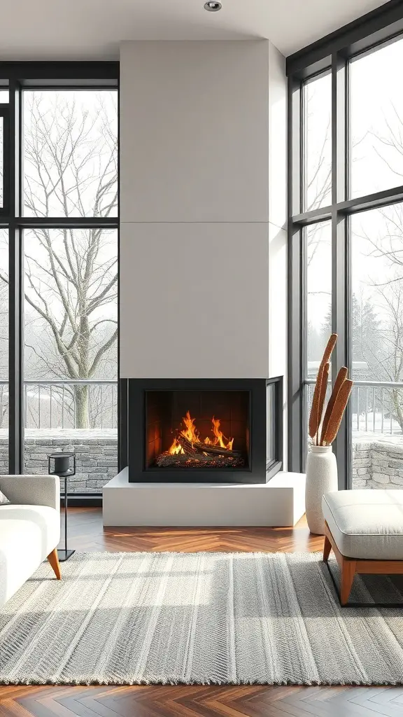 23+ Modern Fireplace Ideas to Elevate Your Home Decor 4 Modern corner fireplace in a bright room with large windows