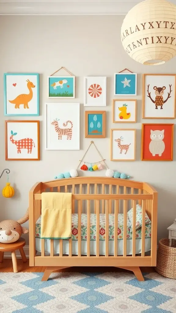 A nursery with colorful wall art featuring animal illustrations and a wooden crib.