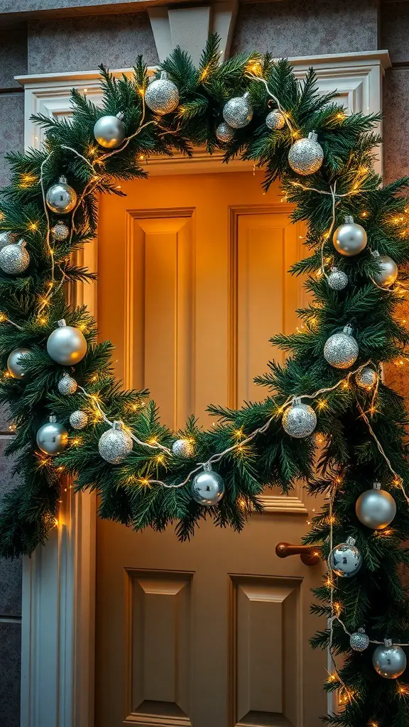 25+ Unique Winter Door Decorations to Brighten Your Home 2 A winter garland with silver ornaments and lights on a door