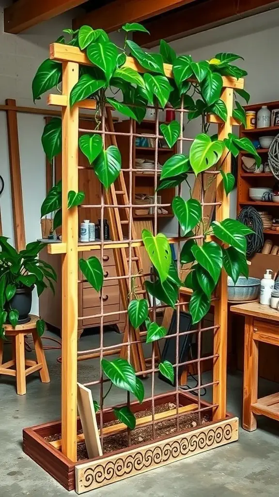 A wooden trellis with Monstera plants climbing on it, set in a workshop environment.