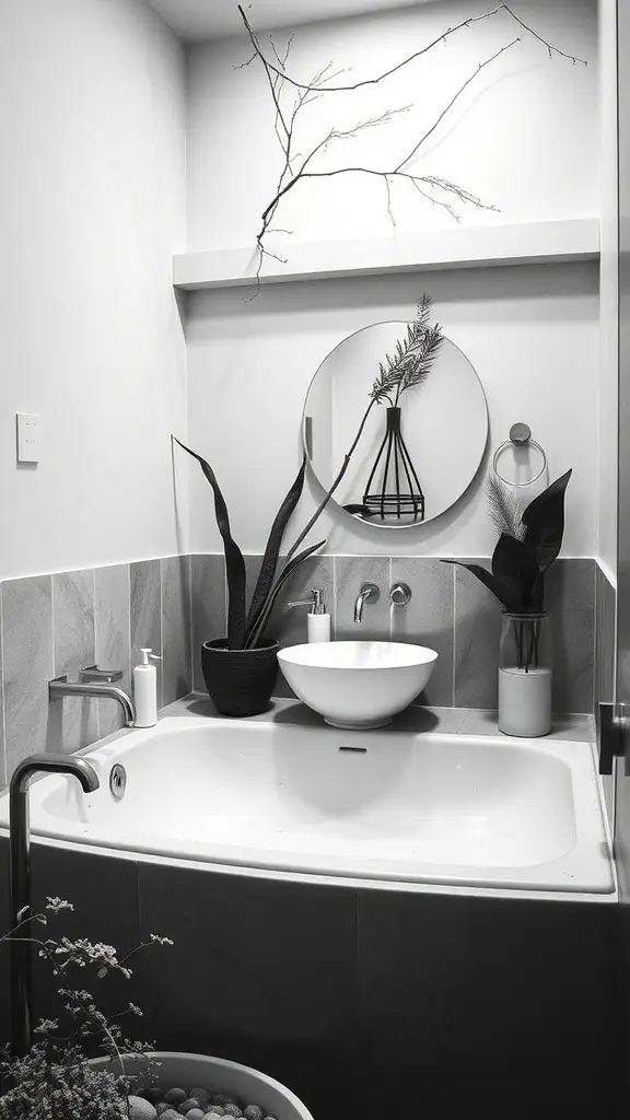 23+ Stunning Black and White Bathroom Ideas You'll Love 13 A black and white bathroom featuring a bathtub, plants, and a round mirror.
