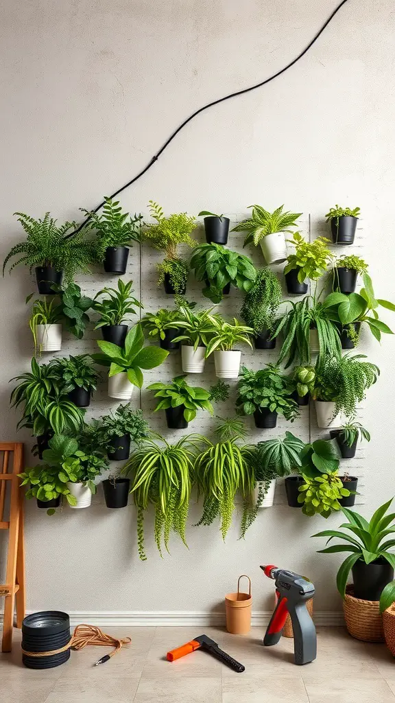 A vibrant DIY plant wall with various green plants in pots, tools, and supplies for installation.