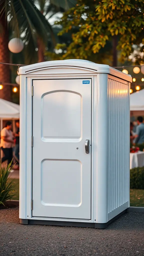 A modern portable toilet in an outdoor setting, surrounded by greenery and event decorations.