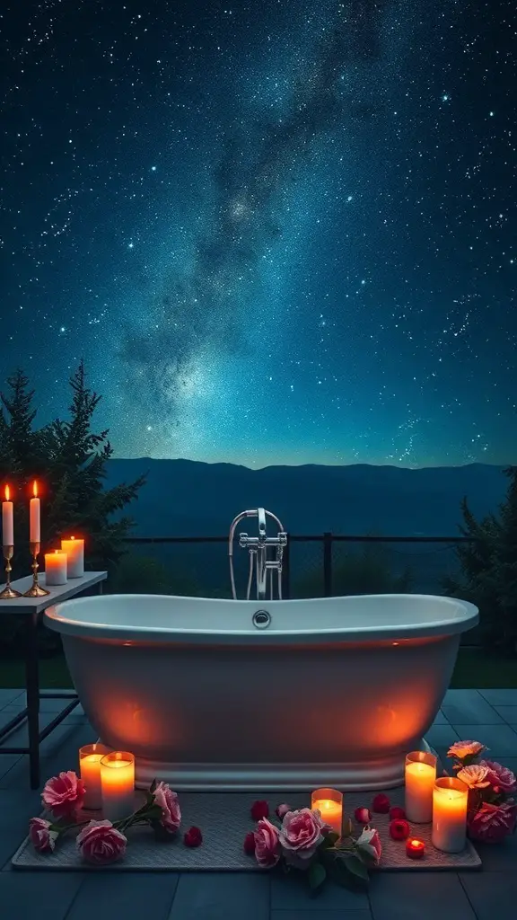 A soothing bathtub under a starry sky, surrounded by candles and flowers.