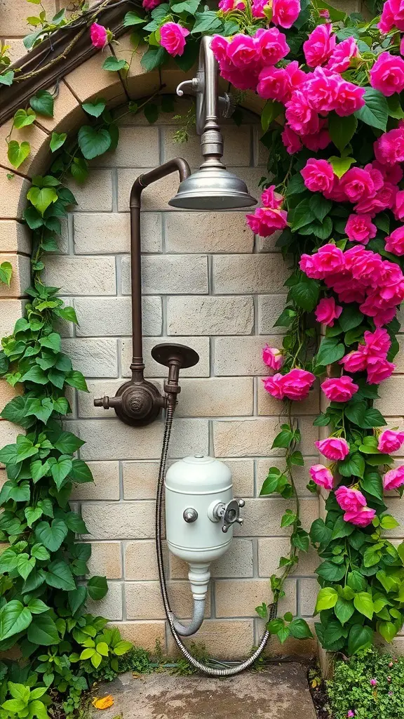 23+ Creative Garden Shower Ideas 2 Vintage garden shower fixture surrounded by pink flowers