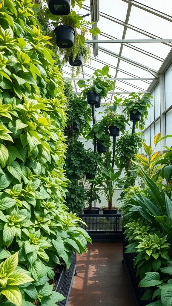 27+ Inspiring Inside Greenhouse Ideas 2 A greenhouse with vertical gardening systems featuring lush green plants in hanging pots and wall-mounted arrangements.