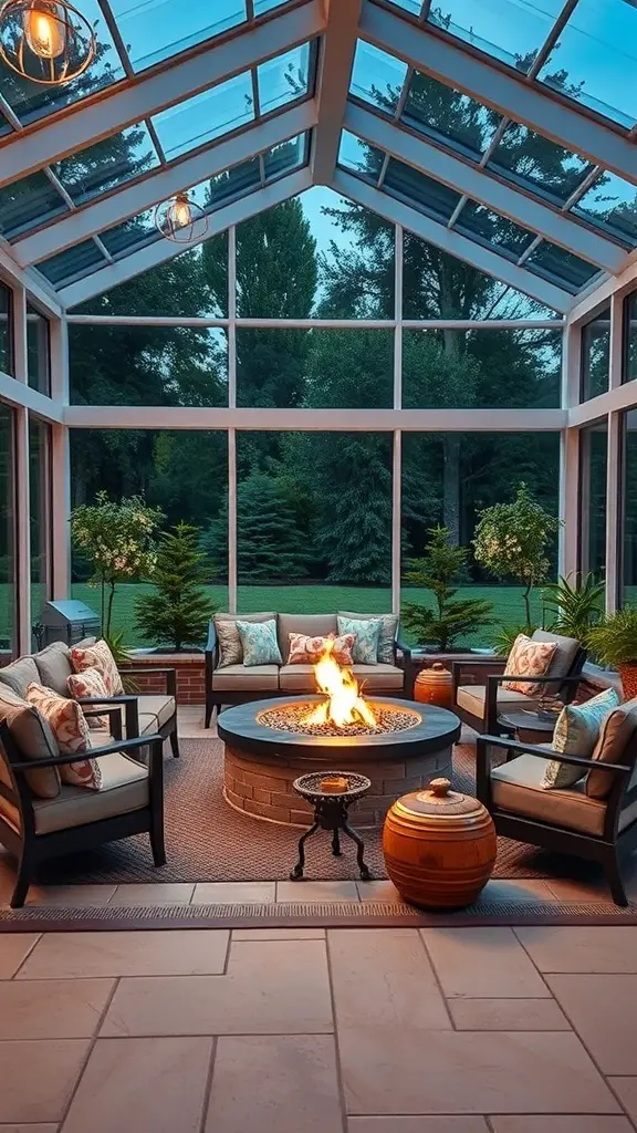 29+ Creative Sunroom Decorating Ideas You’ll Love 11 A cozy sunroom with a fire pit surrounded by comfortable seating, perfect for evening gatherings.