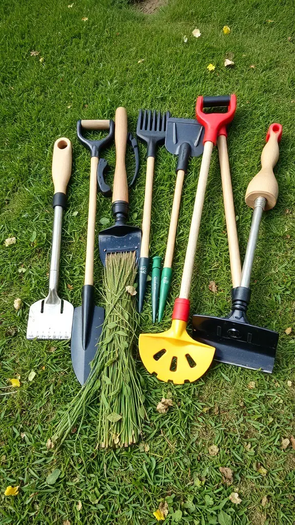 29+ Essential Garden Hand Tools for Every Enthusiast 2 A collection of garden hand tools for weed removal, displayed on grass.