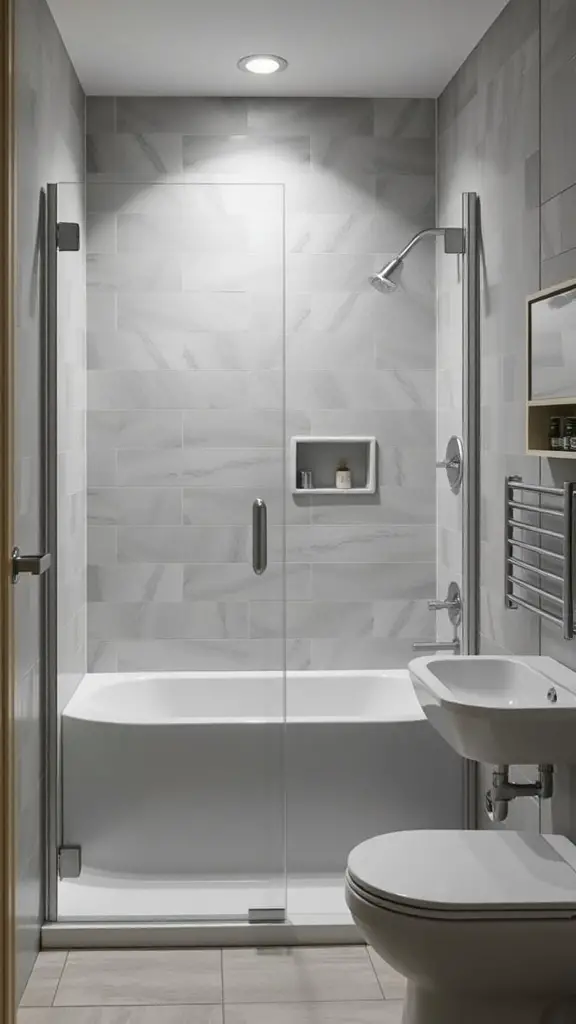 A modern bathroom featuring a shower and bathtub combination with gray tiles.