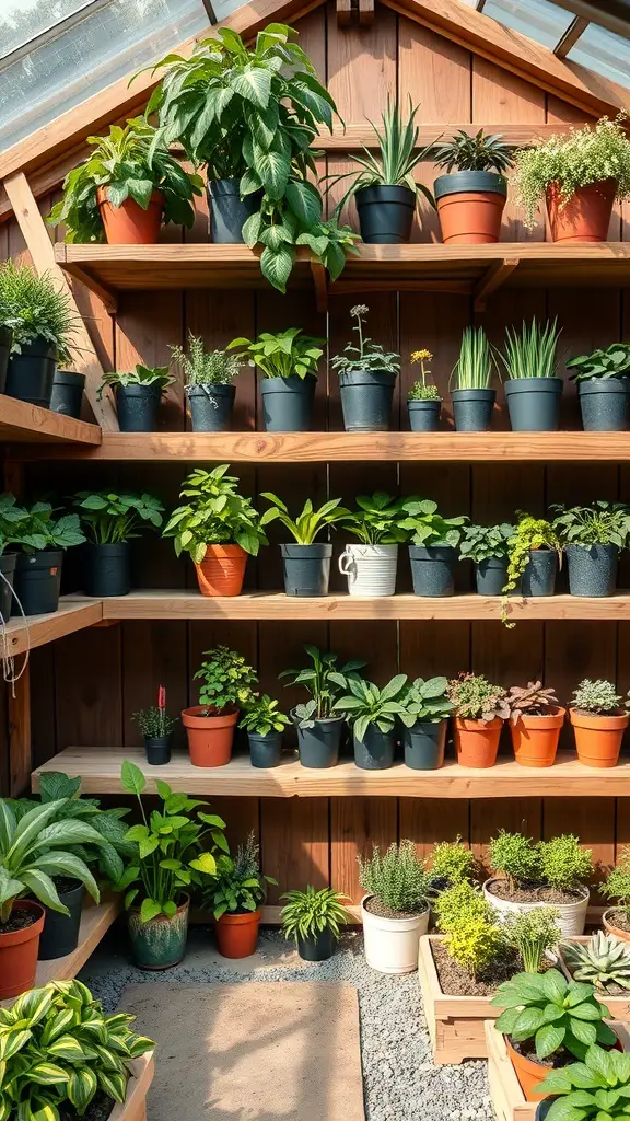 Organized greenhouse shelves displaying various potted plants
