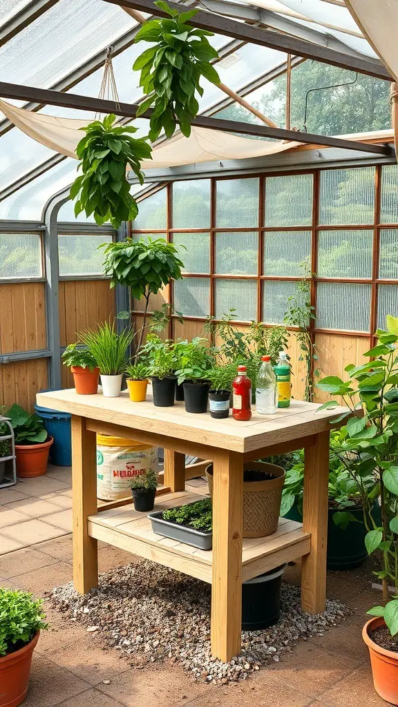 29+ Creative DIY Greenhouse Table Ideas for Your Garden 2 A raised wooden greenhouse table with plants and gardening supplies